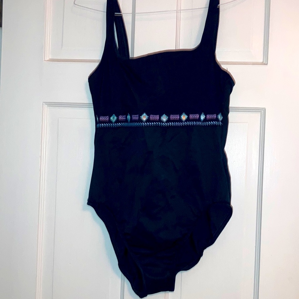 One piece bathing suit with mirror beads, embroidered trim, built-in shelf bra